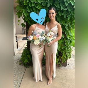 Revelry Satin Gold Champagne Rava Bridesmaid Dress, Size 4, Petite Length